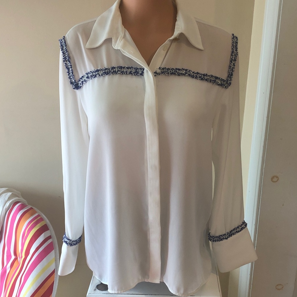 Zara White Button Down Shirt with Blue Trim